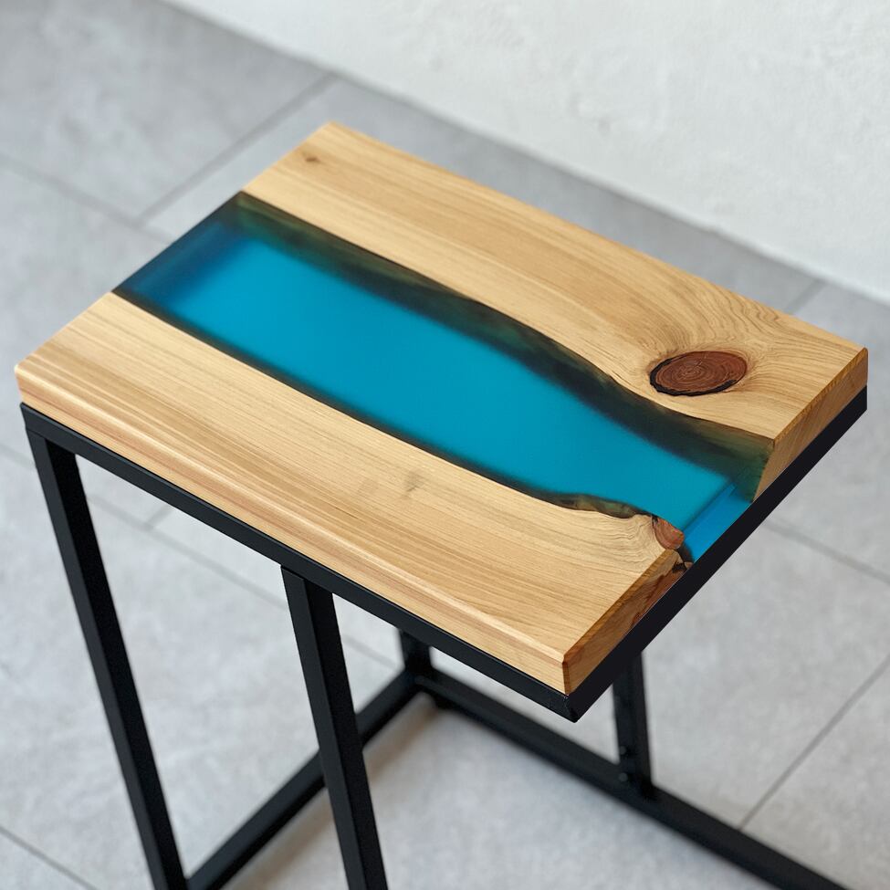 レジンサイドテーブル 天然木 檜（ヒノキ）ブルーレジン ソファ