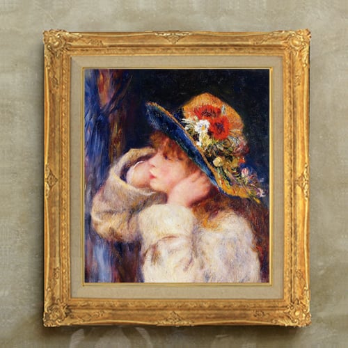 直筆仕上げ油絵 【ルノワール】花飾りの帽子の少女 F10 絵画 アート