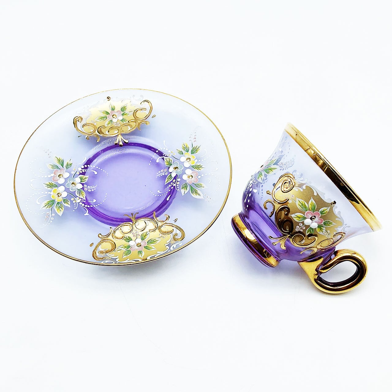 ベネチアングラス ムラノ イタリア カップ＆ソーサー ラベンダー 金彩