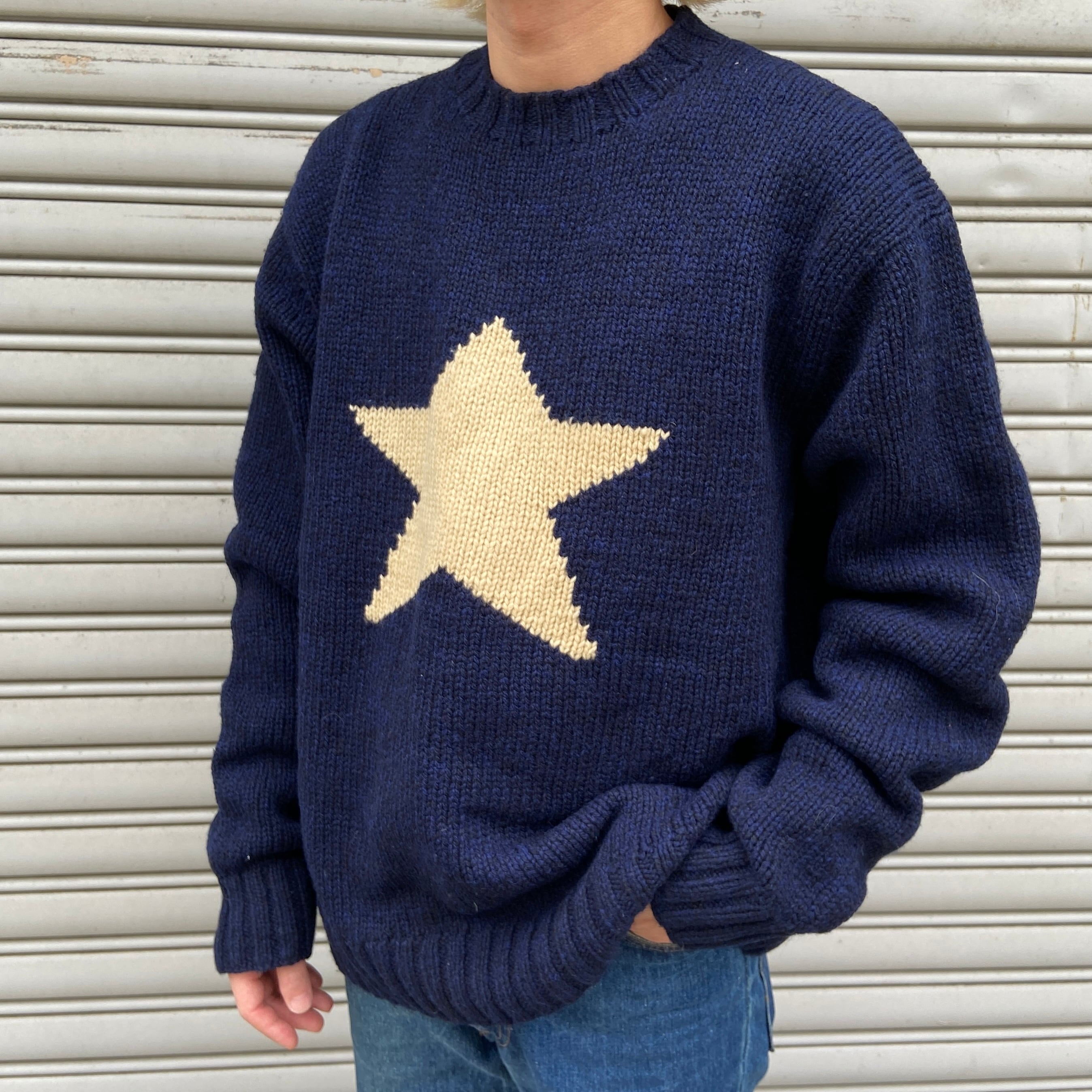 希少 90s ラルフローレン ワンスター ハンドニット セーター 紺 XXL