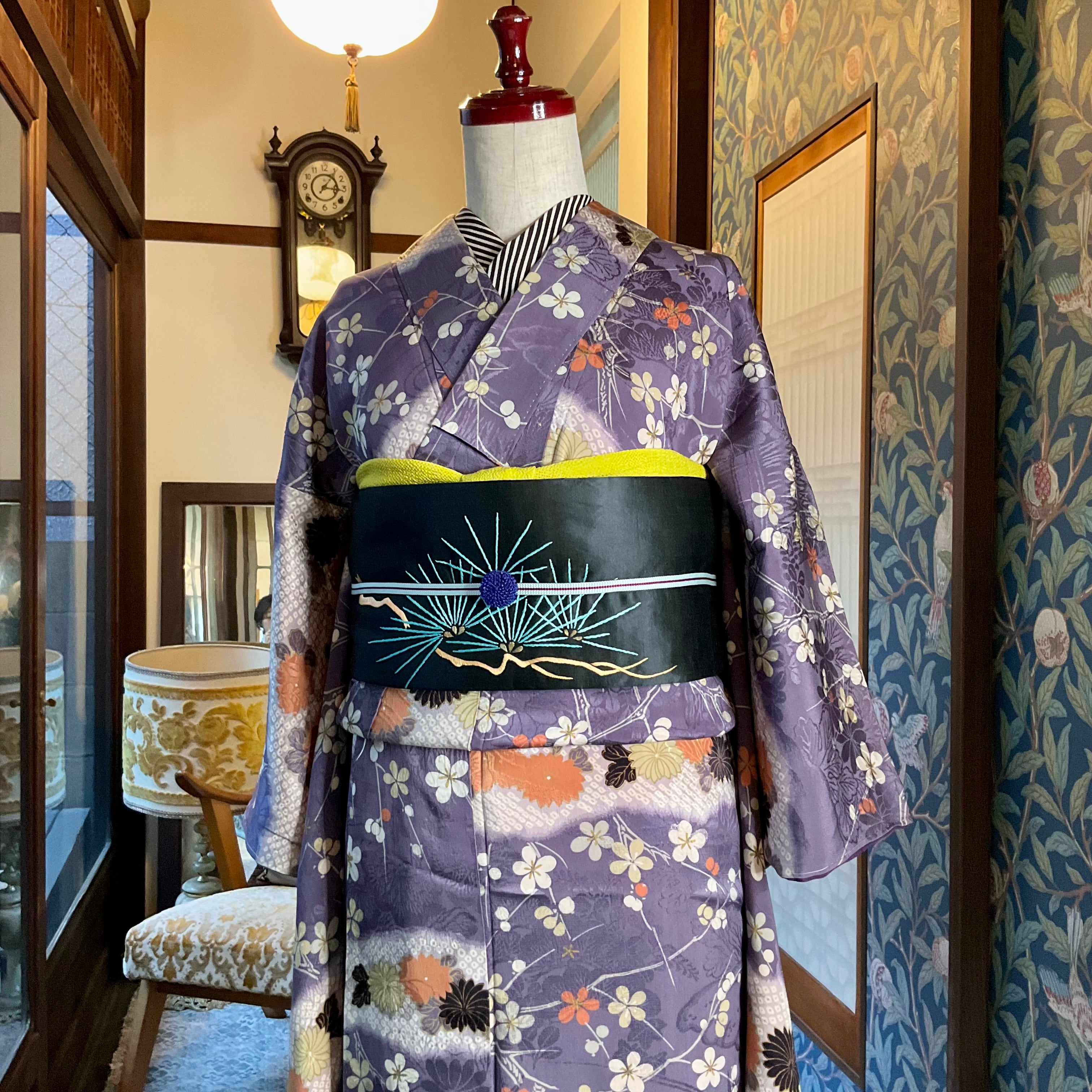 梅と菊＊グレー もみじ 葉っぱ アンティーク小紋着物 A889 | kimono tento