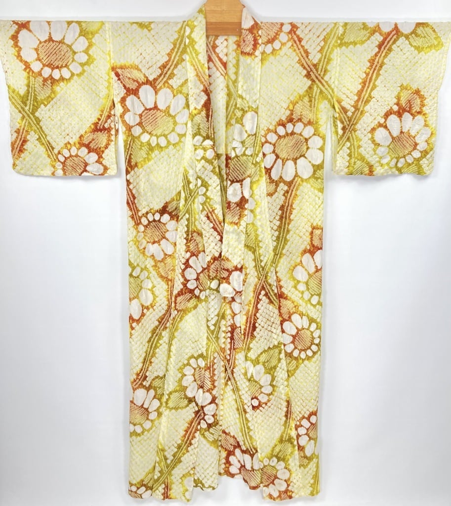 有松絞り【浴衣】向日葵 夏着物 綿 有松鳴海絞り 黄色 黄緑 茶 白 091