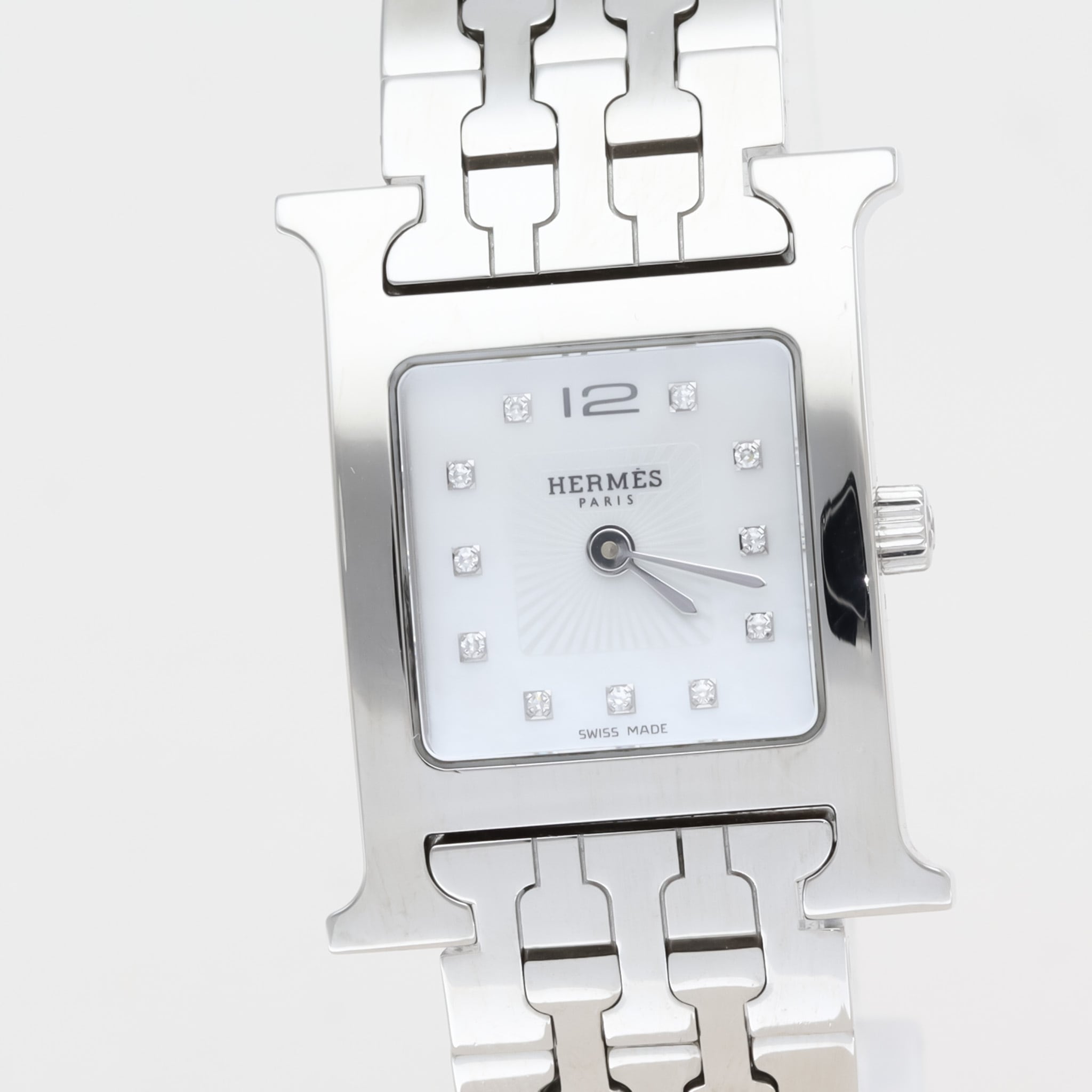 美品】エルメス Hウォッチ ミニ 11ダイヤ クロコベルト ホワイト