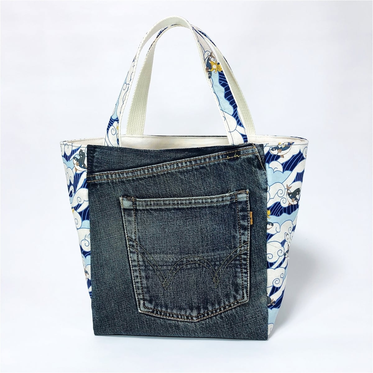 トートバッグ リメイクデニム 猫 波乗り サーフィン ジーンズ