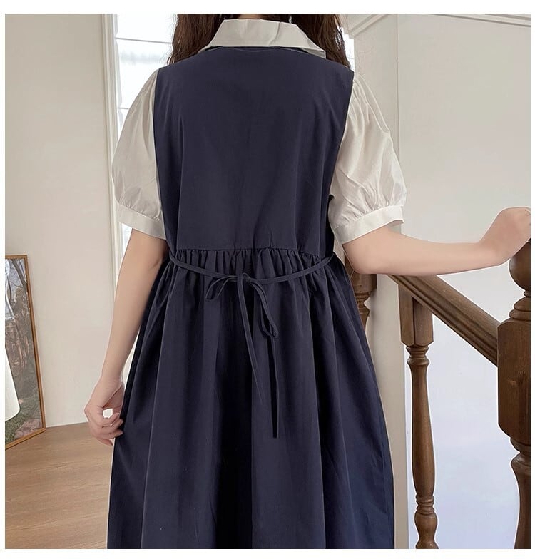 ワンピース 膝丈 ブラウス 半袖 ネイビー ブルー 夏 メイド