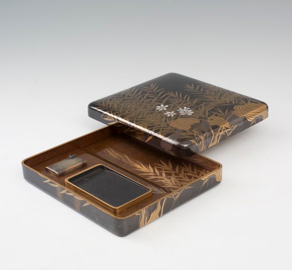 葦鷺図 サギ 芦 アシ 水辺 水草 月 鳥 水草 蒔絵 硯箱 梨地 梨子地