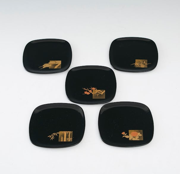 輪島塗 色紙五聖蒔絵 銘々皿 川原秀 共箱 菓子皿 角皿 おせちの取り皿