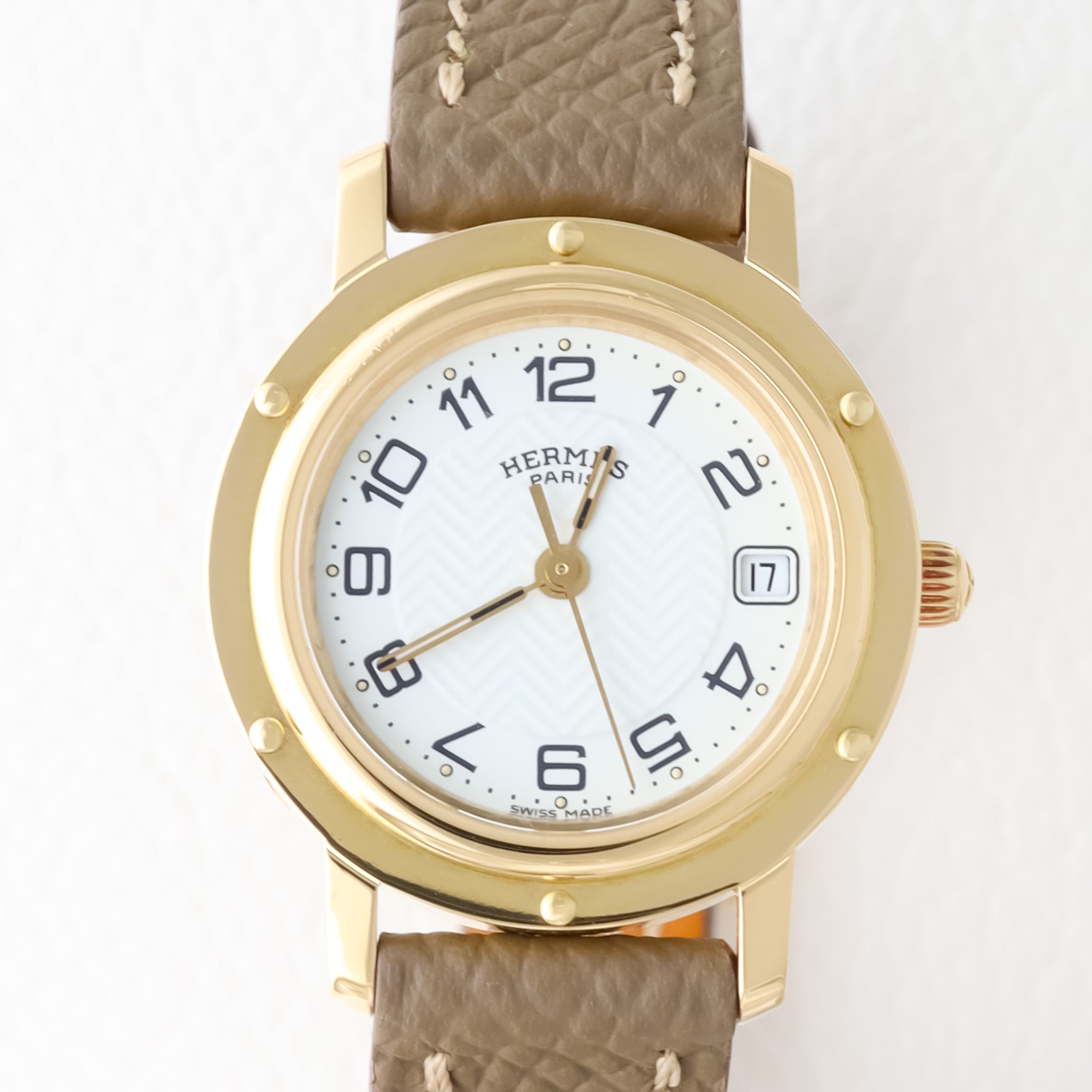 エルメス クリッパー 金無垢 ゴールド レザー 白文字盤 | Ante