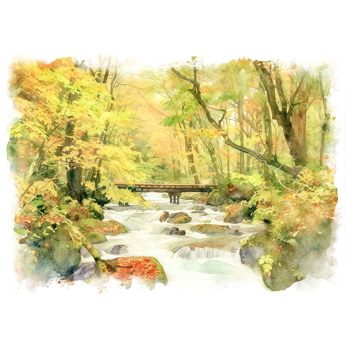 絵画(風景画) 日本 秋の奥入瀬渓流 インテリアアート額付き 水彩画