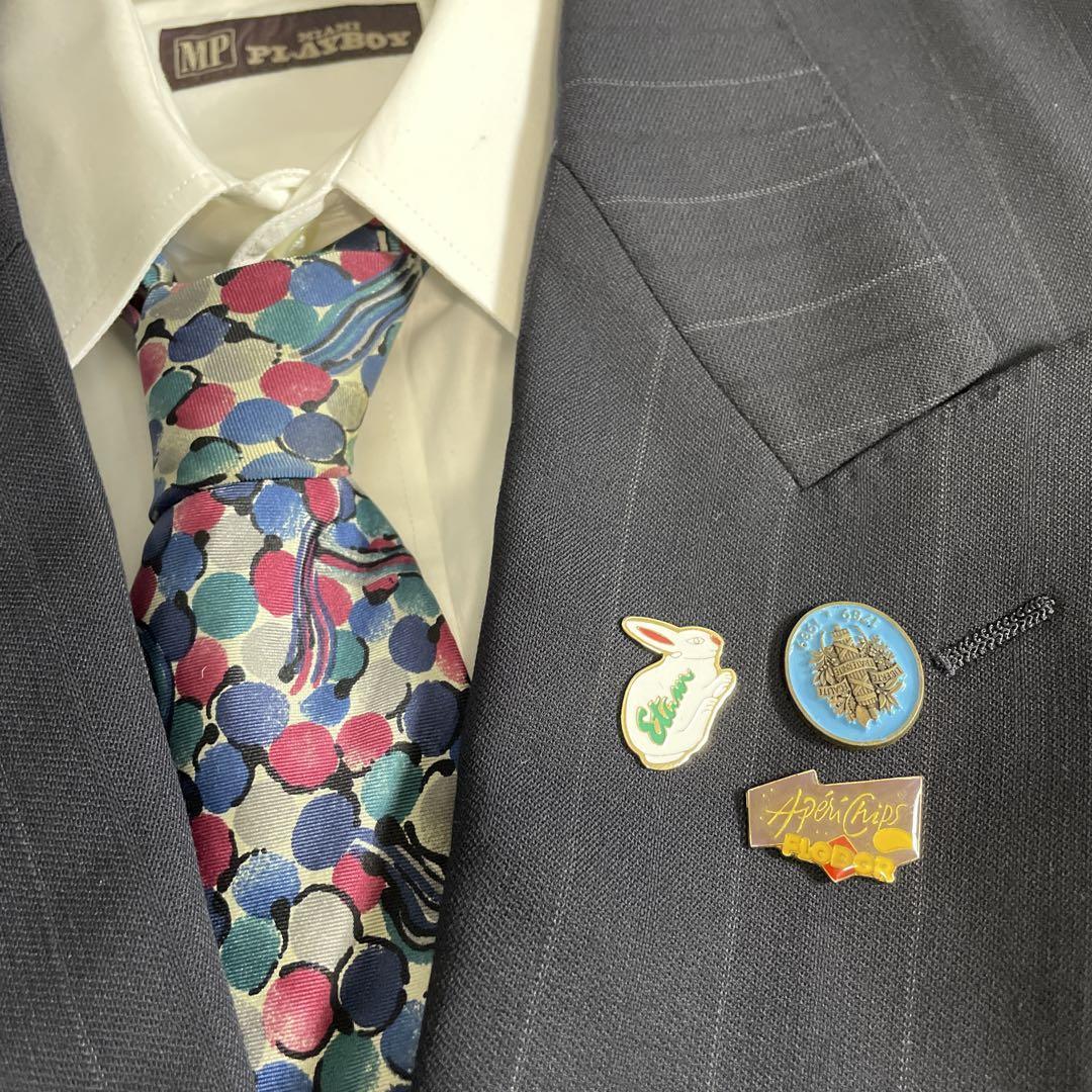 90s ヴィンテージ スーツ ダブル セットアップ ピンズvol.74 紺白赤