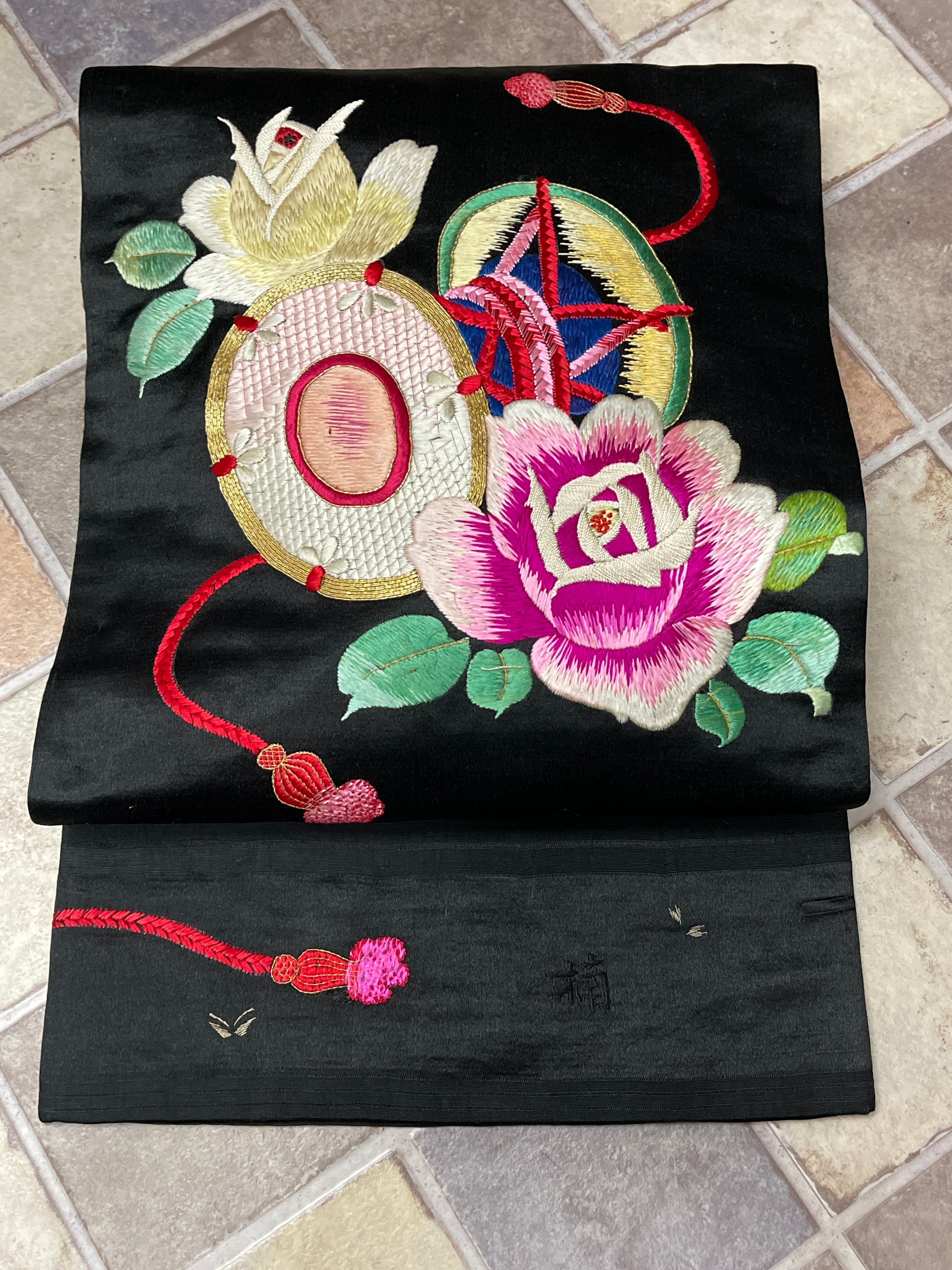 アンティーク帯 九寸名古屋帯 総刺繍 つづみ 薔薇 コレクション