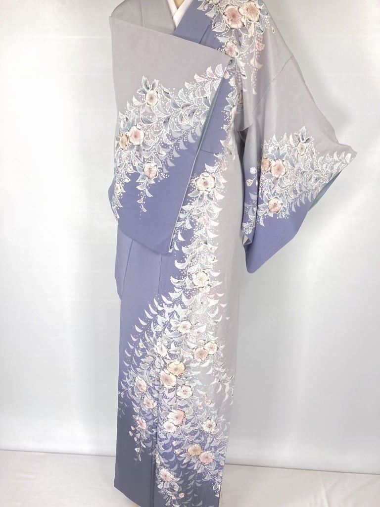 辻が花 絞り 染め分け 訪問着 正絹 水色 グレー ブルー 1233 | kimono