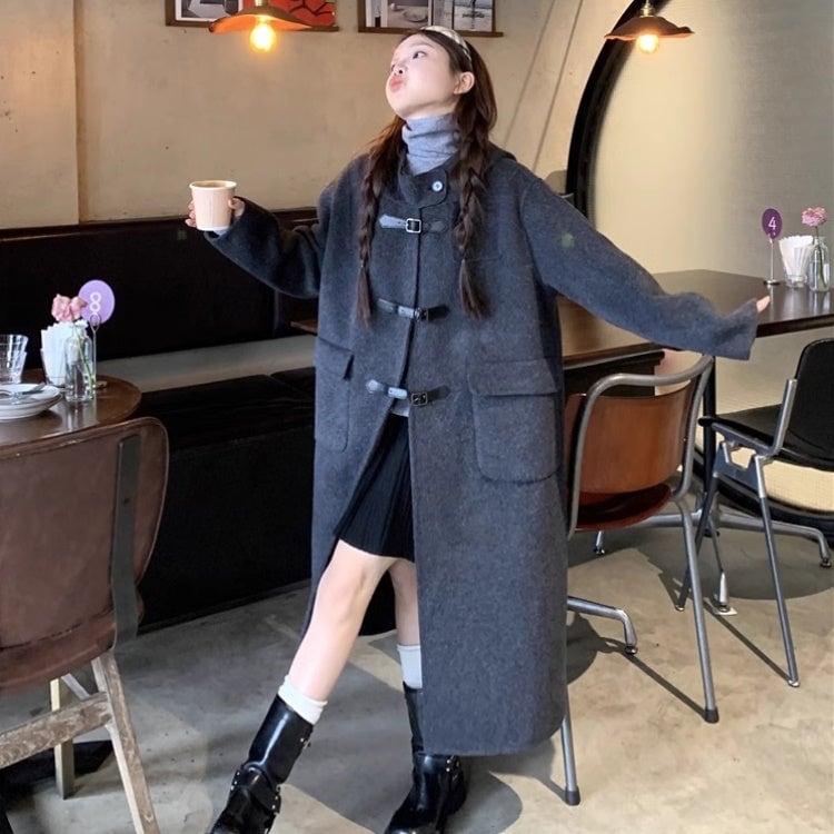 ダッフルコート レディース ダークグレー フード付 ストラップ ロング