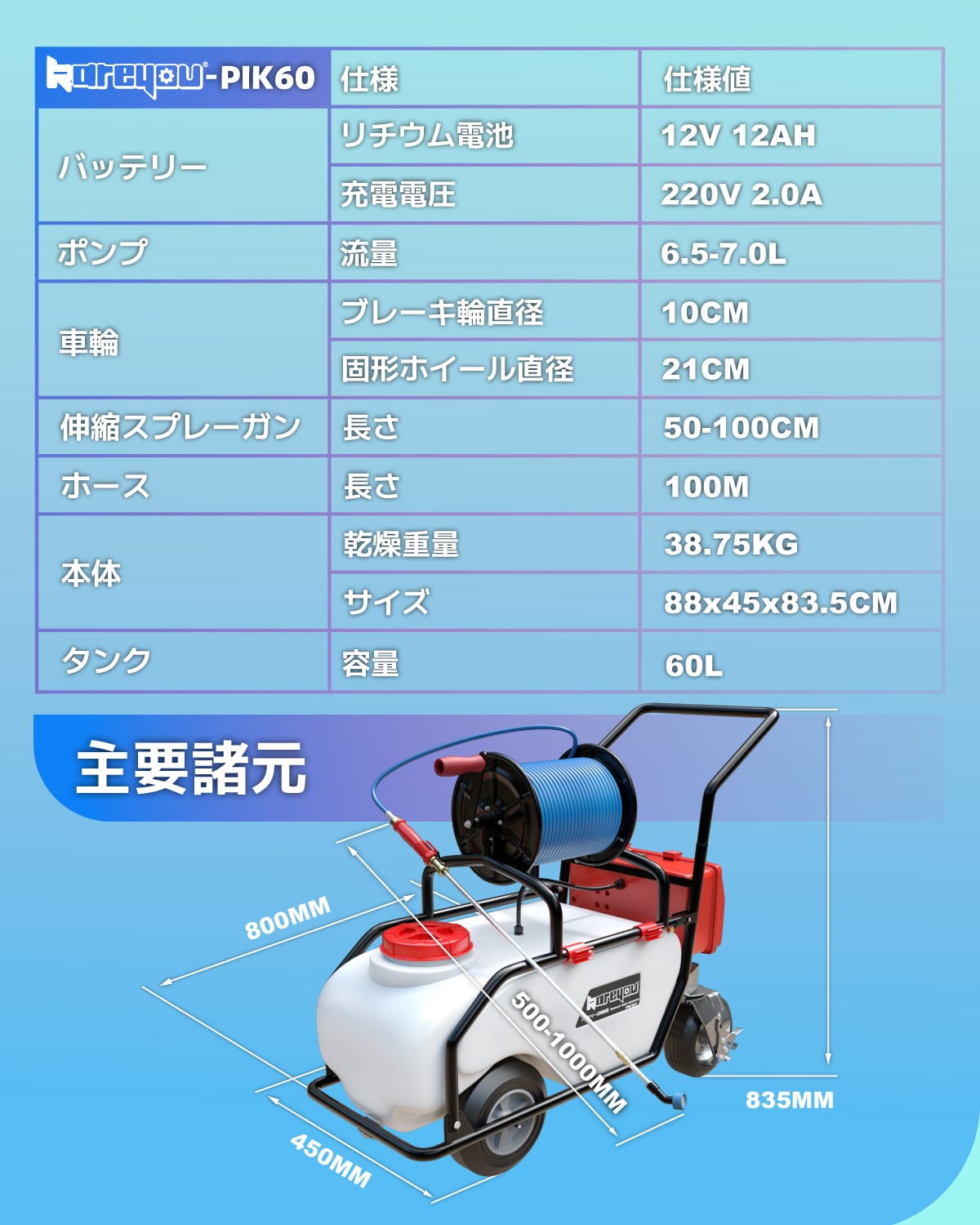 バッテリー式噴霧器 動噴 60Lタンク付き 流量4.0L/min 農業 除草 防除