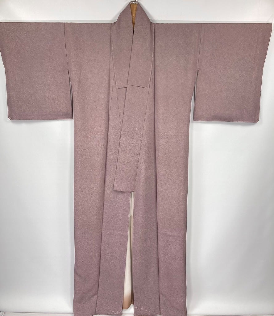 未使用 鮫小紋 色無地 一つ紋 正絹 着物 ちりめん 紫 半色 1067