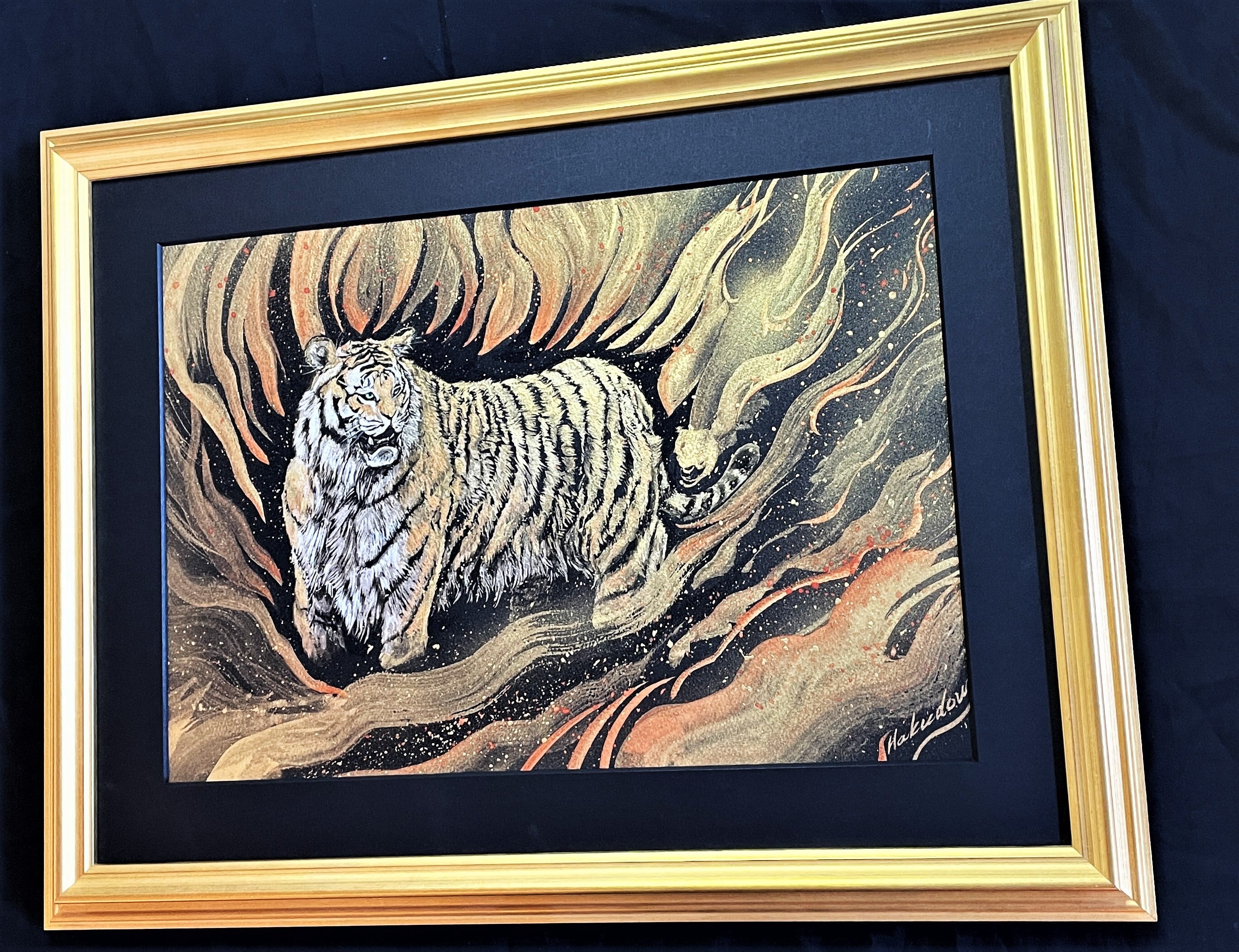 現代水墨画家 絵師白道「炎虎」直筆作品 真筆証明書付 高級額装 箱あり