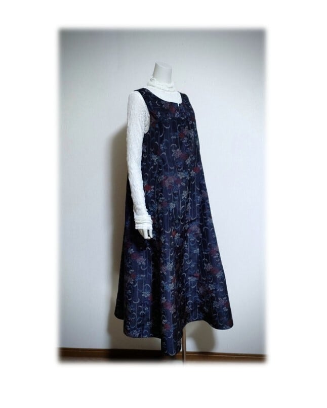 484 1点物 ジャンパースカート テントラインワンピース 大島紬 花柄