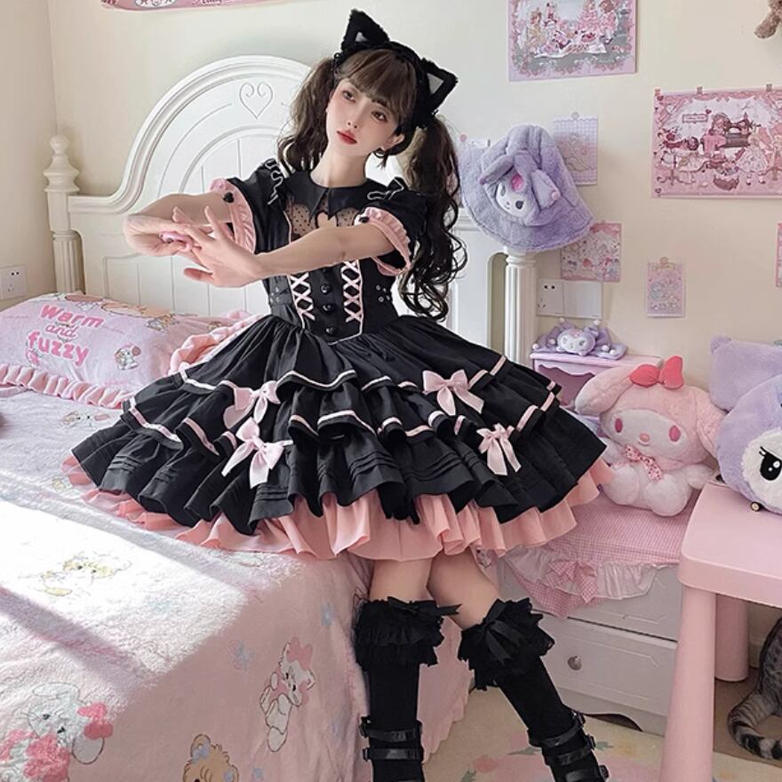 ワンピース ブラックベリー ケーキ リボン フリル レースアップ 水玉