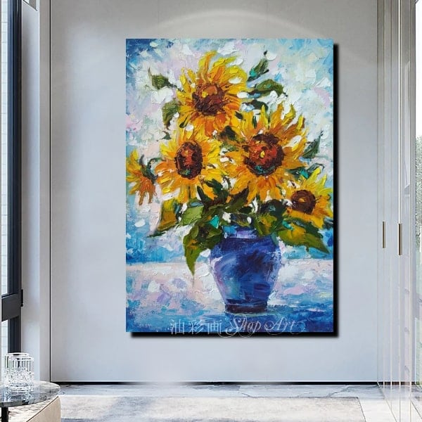 1パネル 青い花瓶と向日葵 Mサイズ 油彩画 インテリア モダン アート
