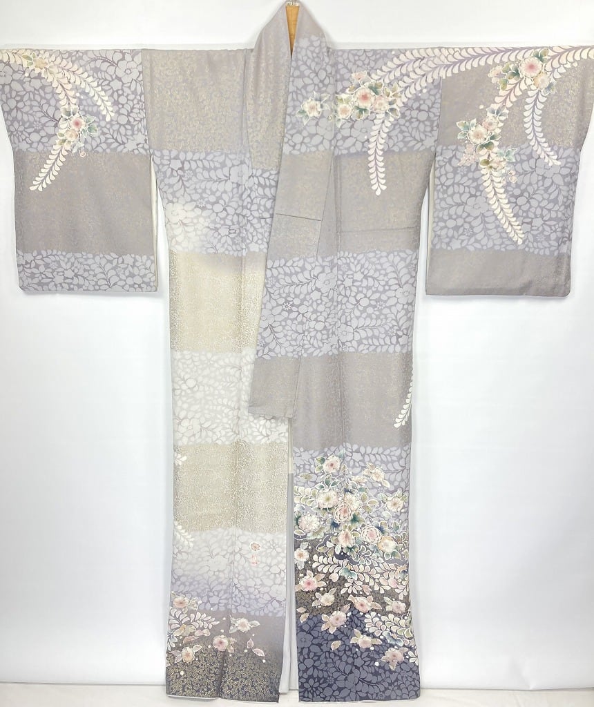 作家物 辻が花 絞り 染め分け 落款 訪問着 正絹 グレー ブルー 紫 黄緑