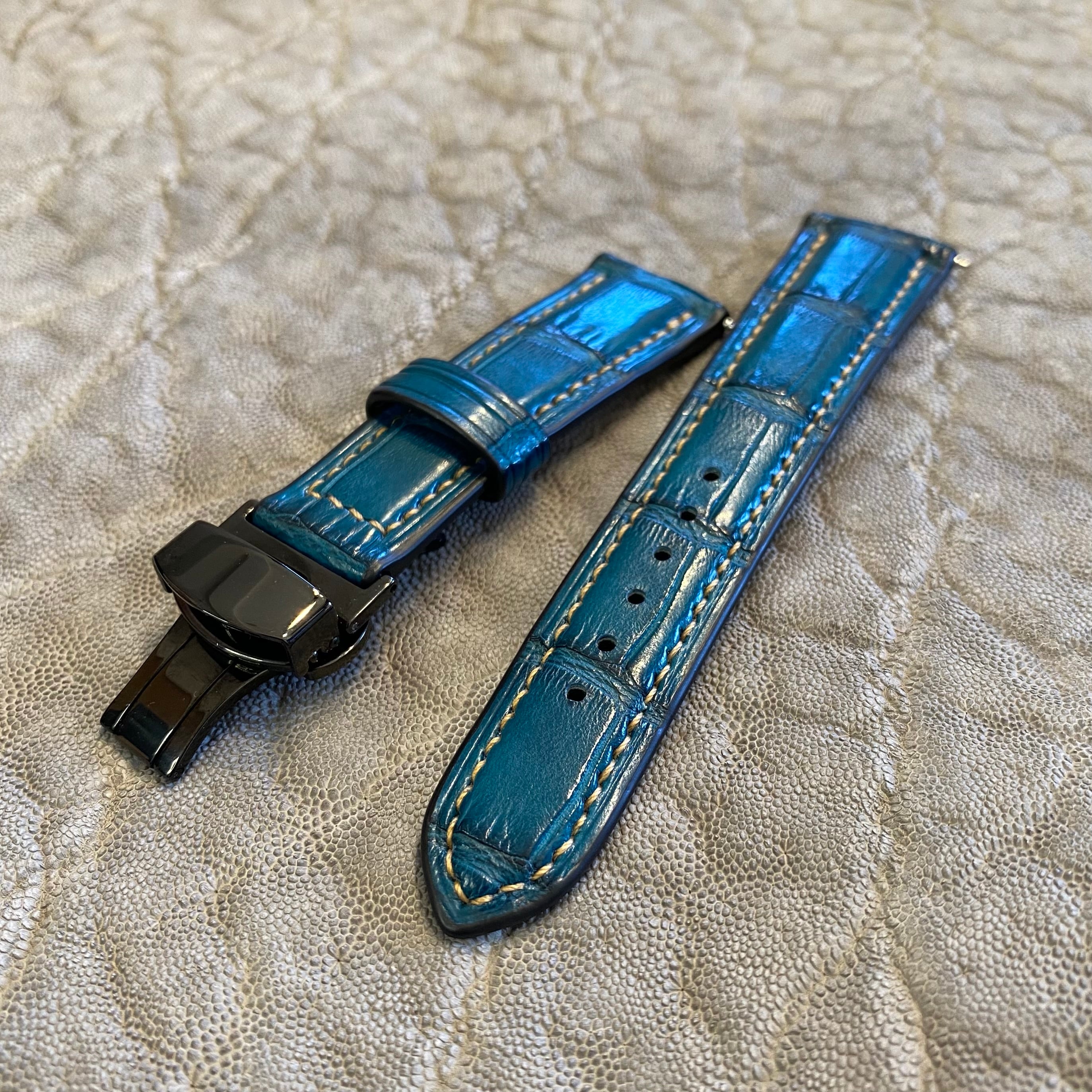 時計ベルト / アリゲーター・コバルトグリーン・手縫い 22mm-18mm