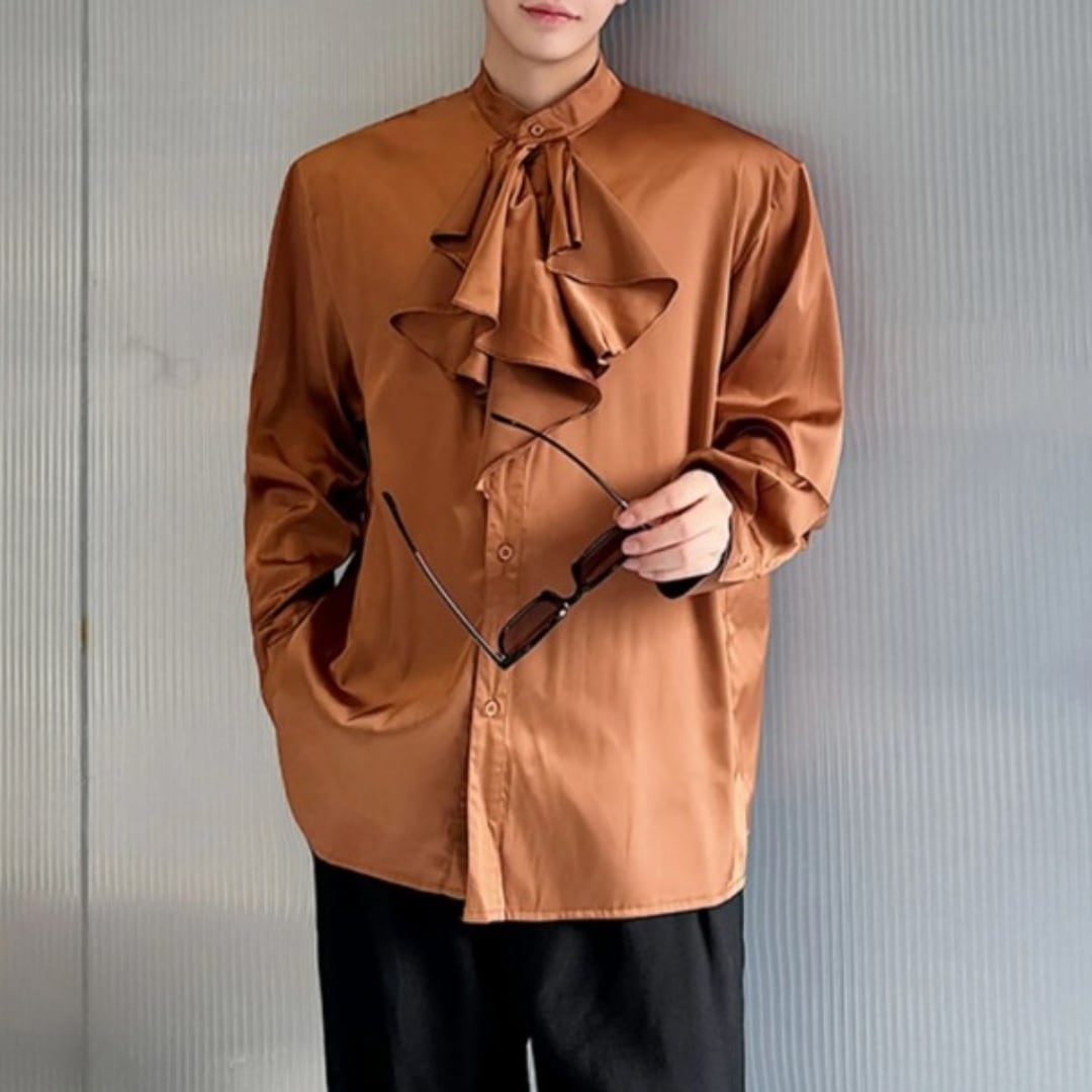 スタンドカラー フリルシャイニーシャツ 3カラー D10666 | 韓国メンズ