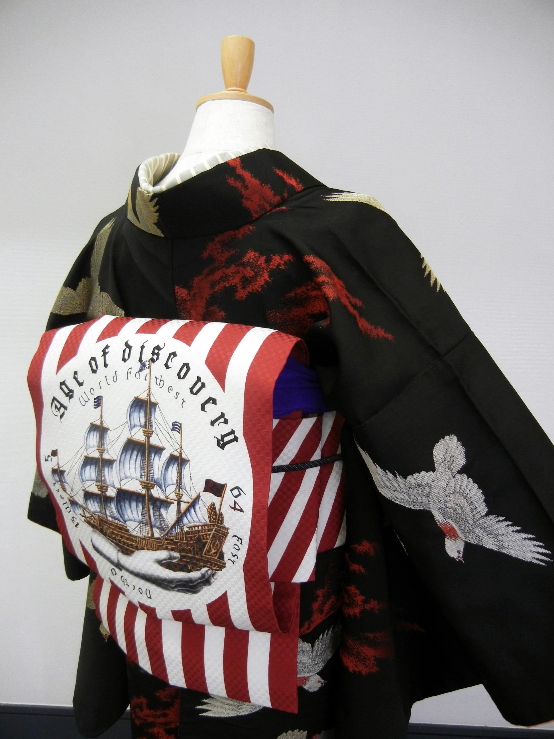 Thank you sold out!】帆船柄名古屋帯「Age of discovery」レッド