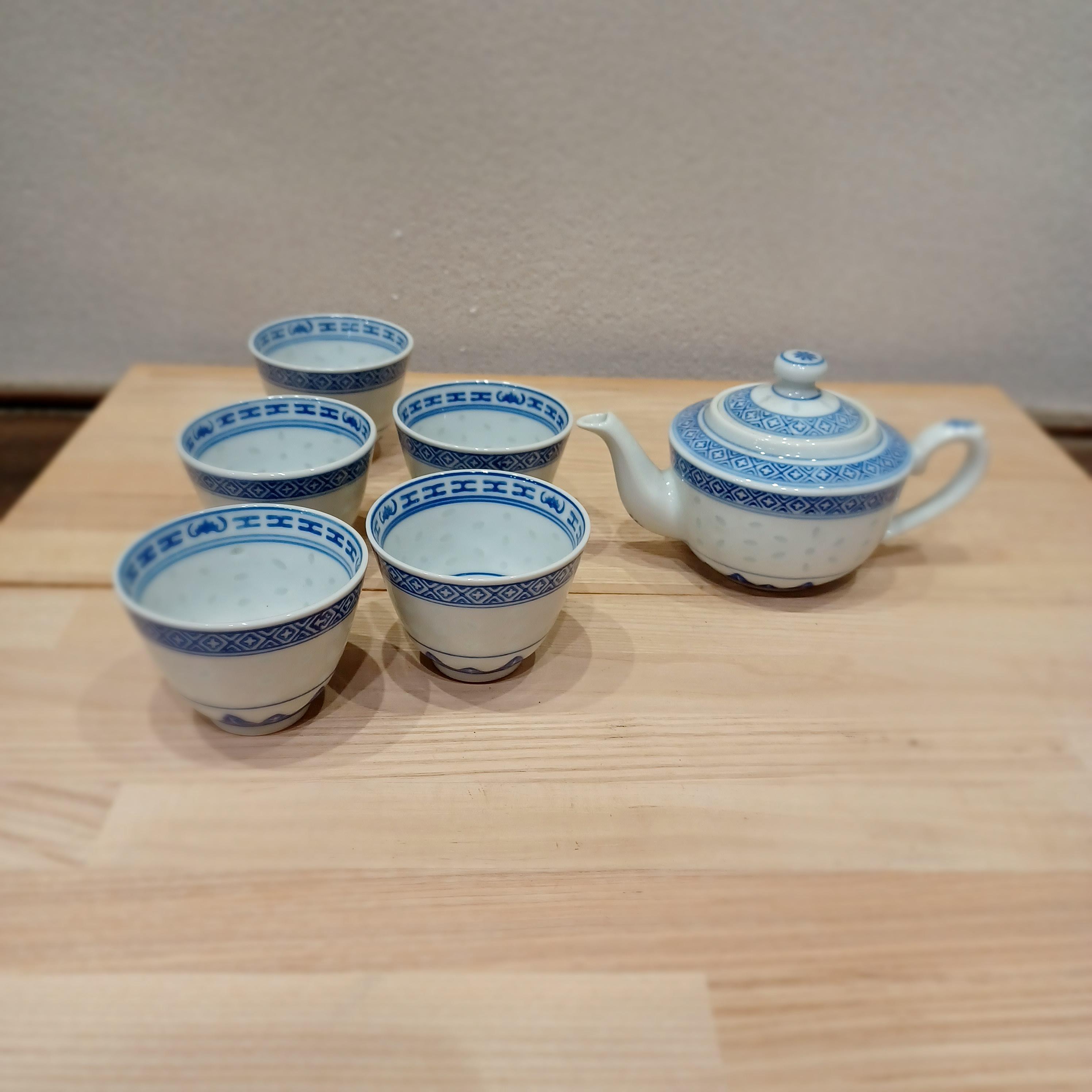 景徳鎮・ヴィンテージ】蛍手透かし煎茶碗＆ティーポット 5点セット｜青