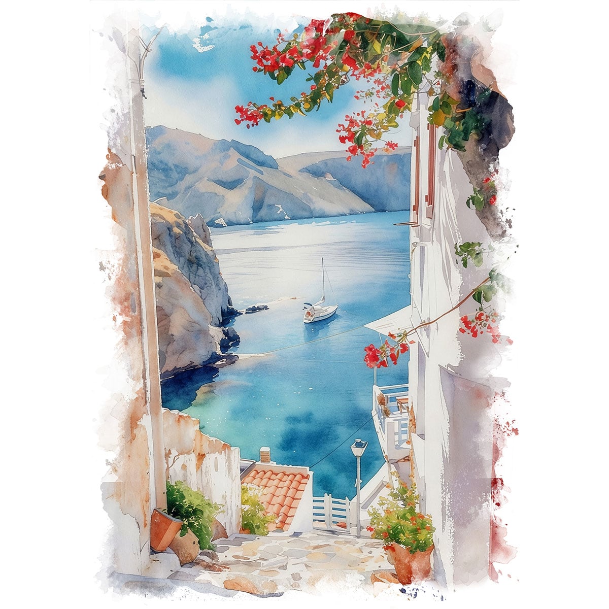 絵画 ギリシャ 風景画(街並み) エーゲ海に浮かぶ船 インテリアアート額