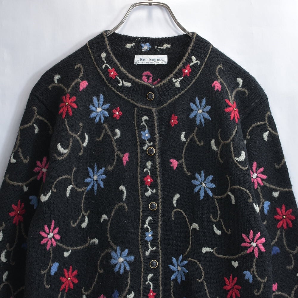 80～90s Bel-Sogno お花 総刺繍デザイン ウールニットカーディガン