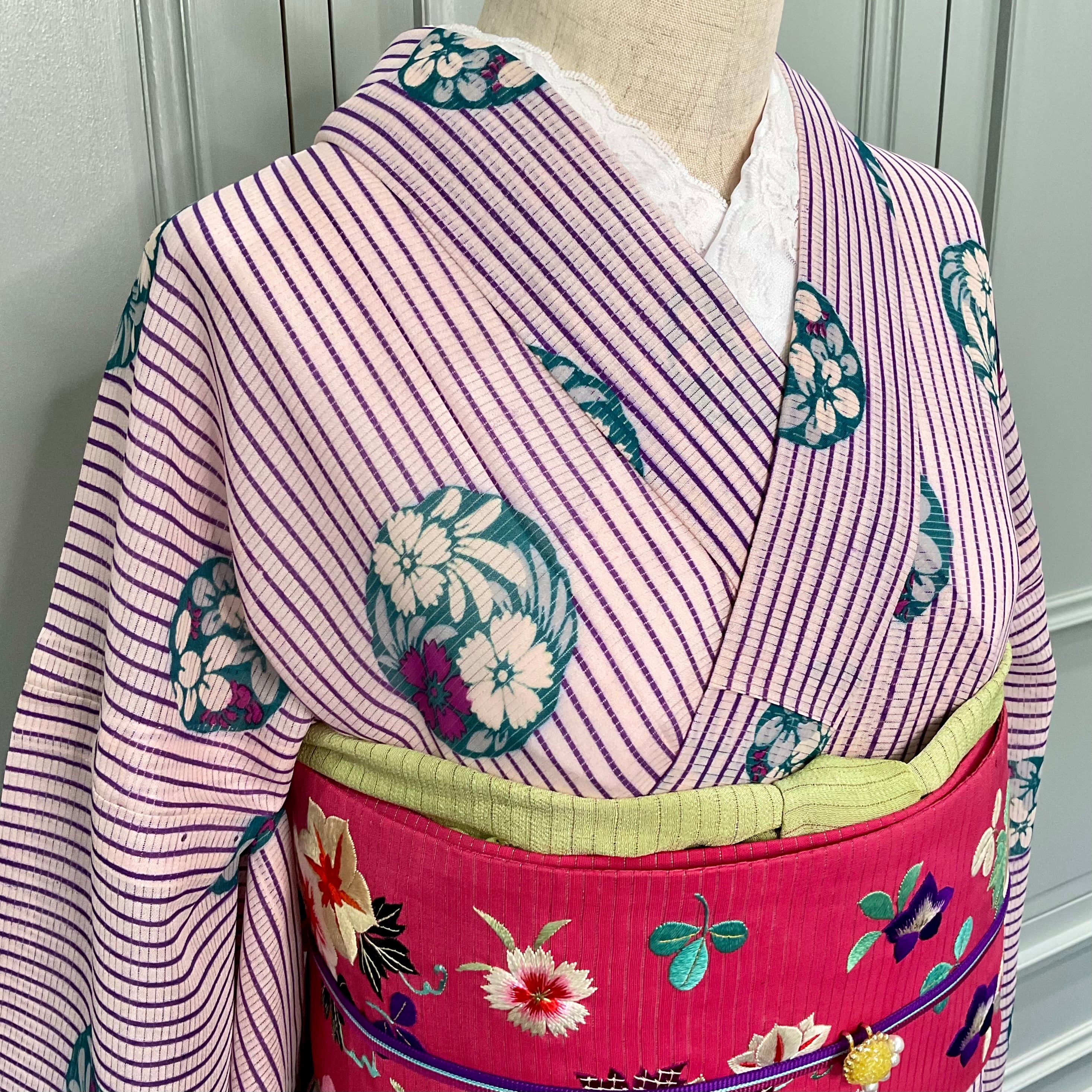 縞に花丸＊夏着物 絽＊ストライプ 撫子 萩 白地 紫 パープル