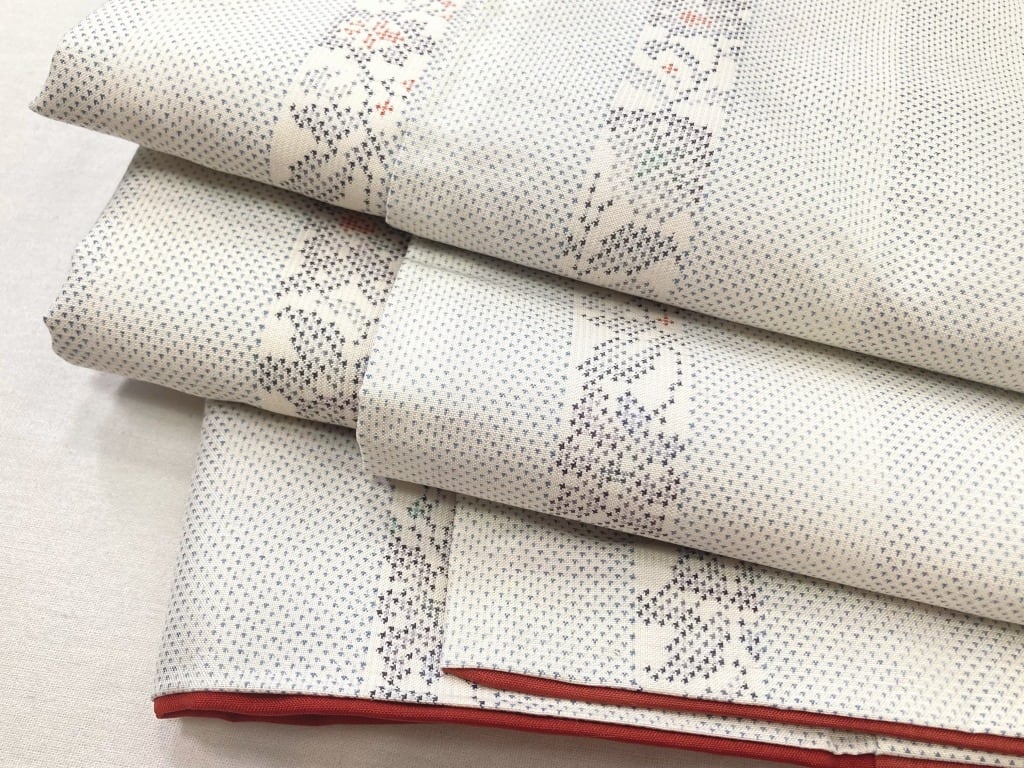 未使用 白大島 証紙付き 本場大島紬 袷 正絹 縦縞 唐花 小紋 白 水色