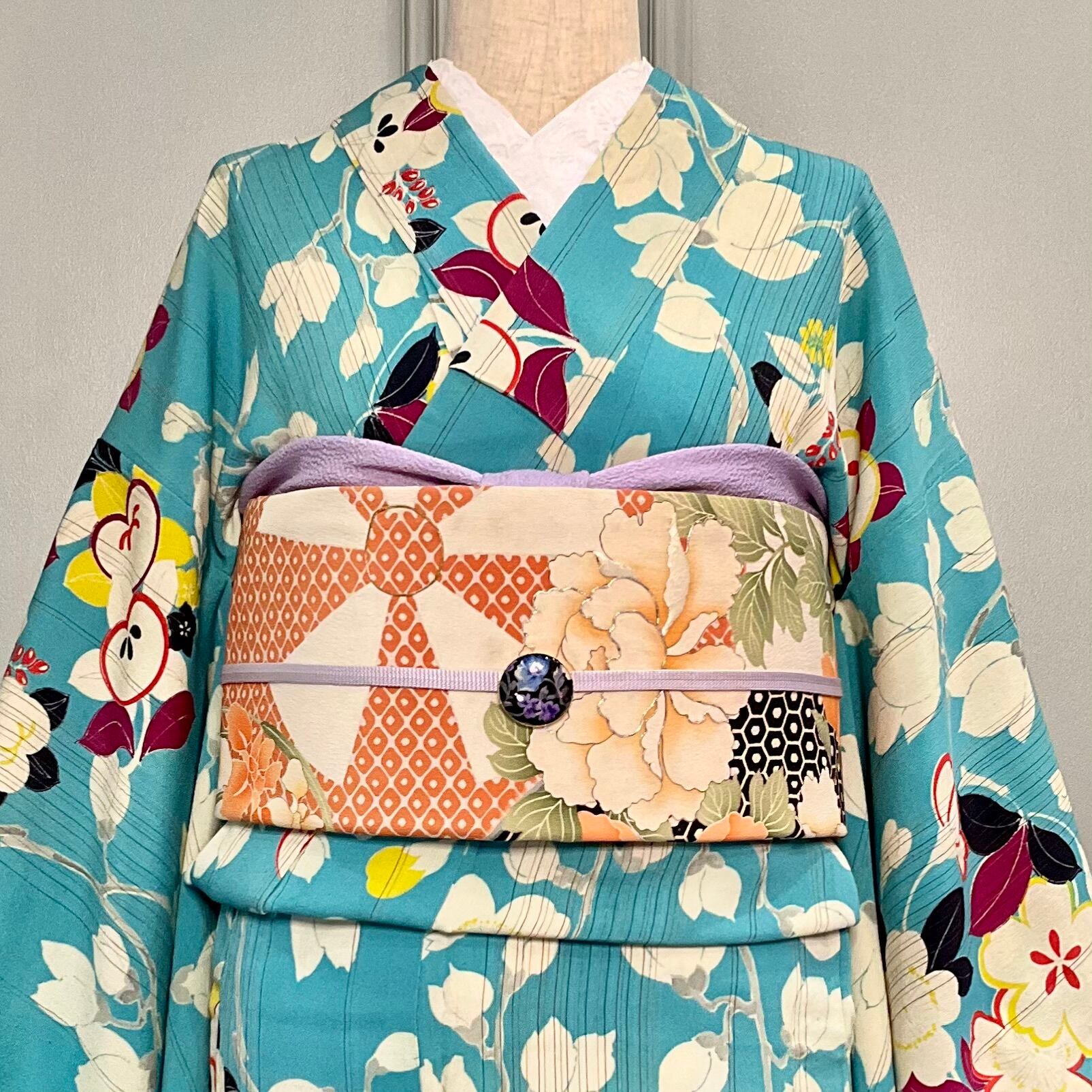 花丸と水車＊刺繍 染め帯 車輪 アンティーク昼夜帯 名古屋帯 B059