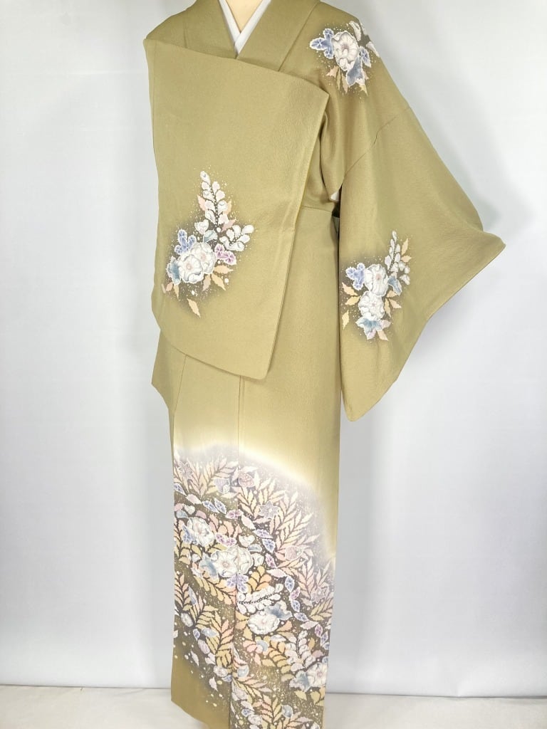 辻が花 絞り 訪問着 正絹 袷 緑 黄緑 白 威光茶 1247 | kimono Re:和