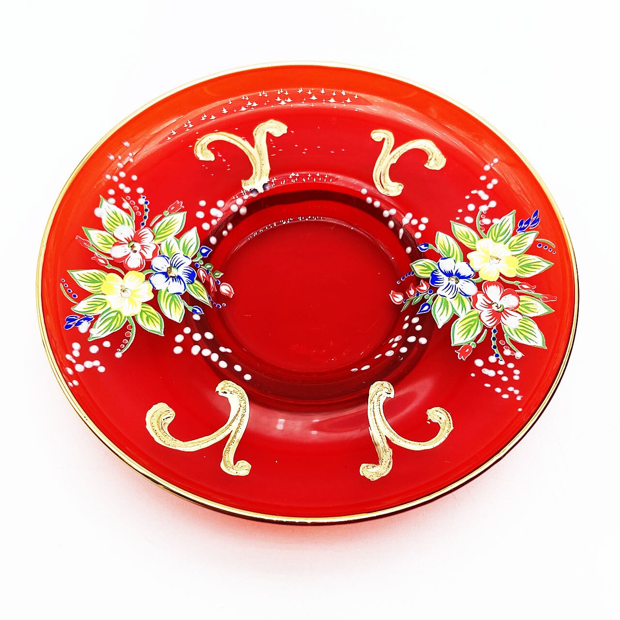 ベネチアングラス ムラノ イタリア カップ＆ソーサー レッド 金彩 花紋