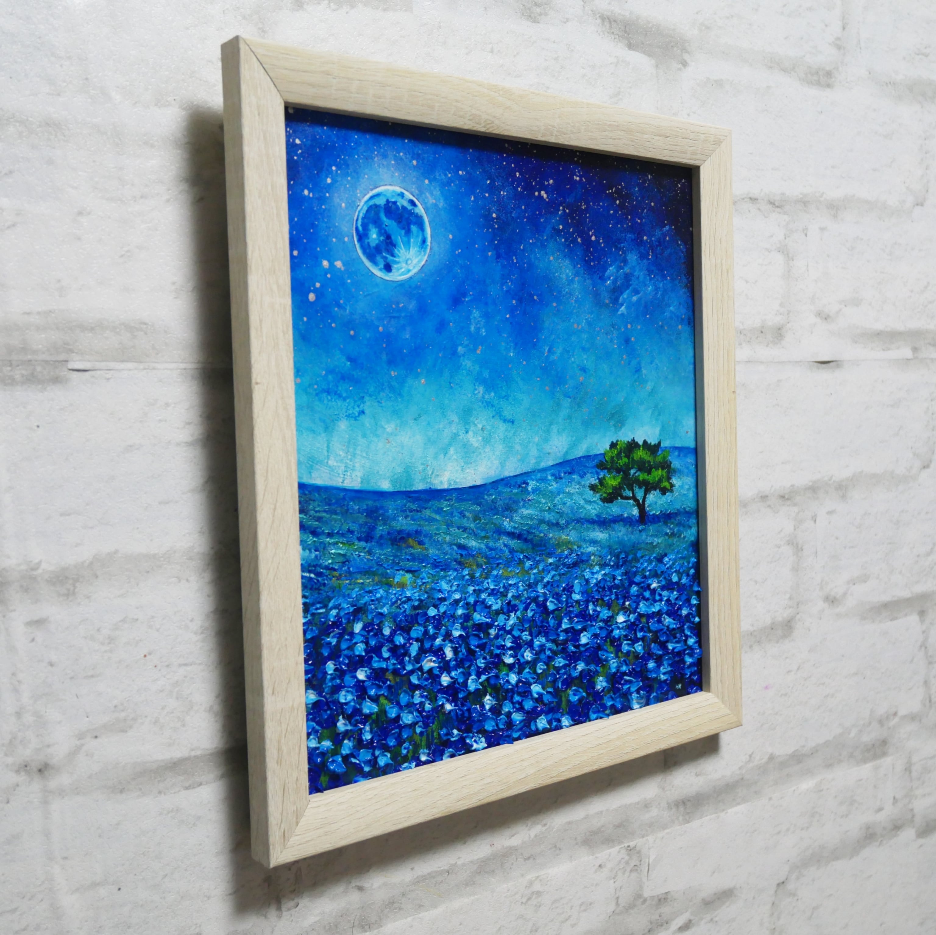 油絵 油彩 油彩画 絵 絵画 【ネモフィラと青い満月と星空】 | HIROSHI1990