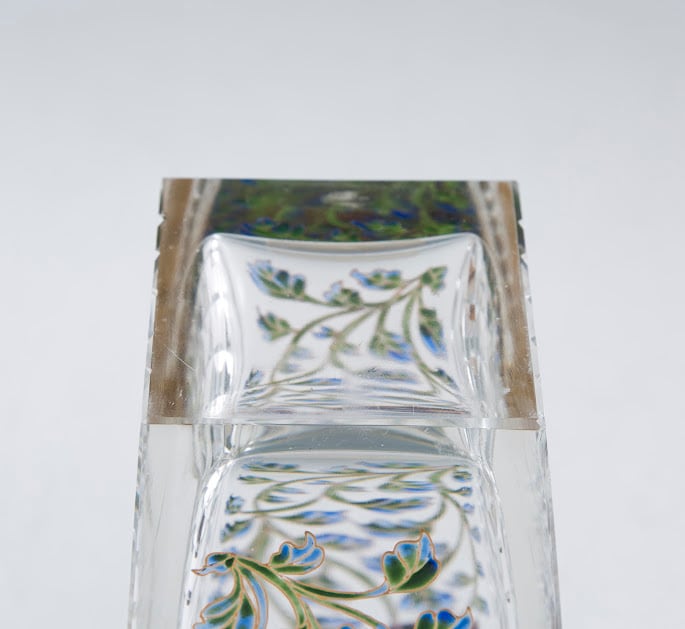 窯彩硝子 花器 雨宮喜能登 共箱 ガラス七宝 ガレの技法 花瓶 角形 四角