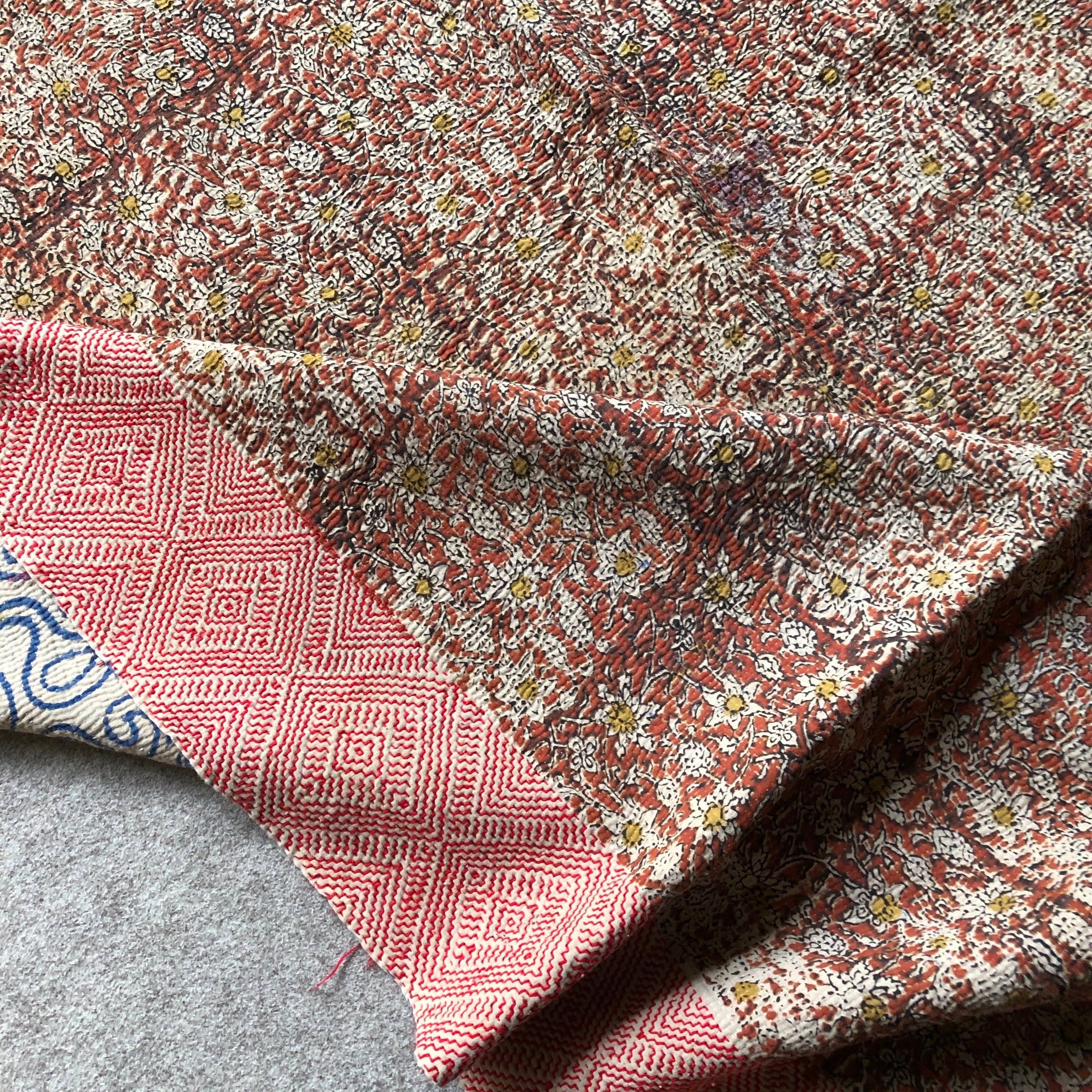 vintage block print kantha quilt small flower 泥染ブロックプリント