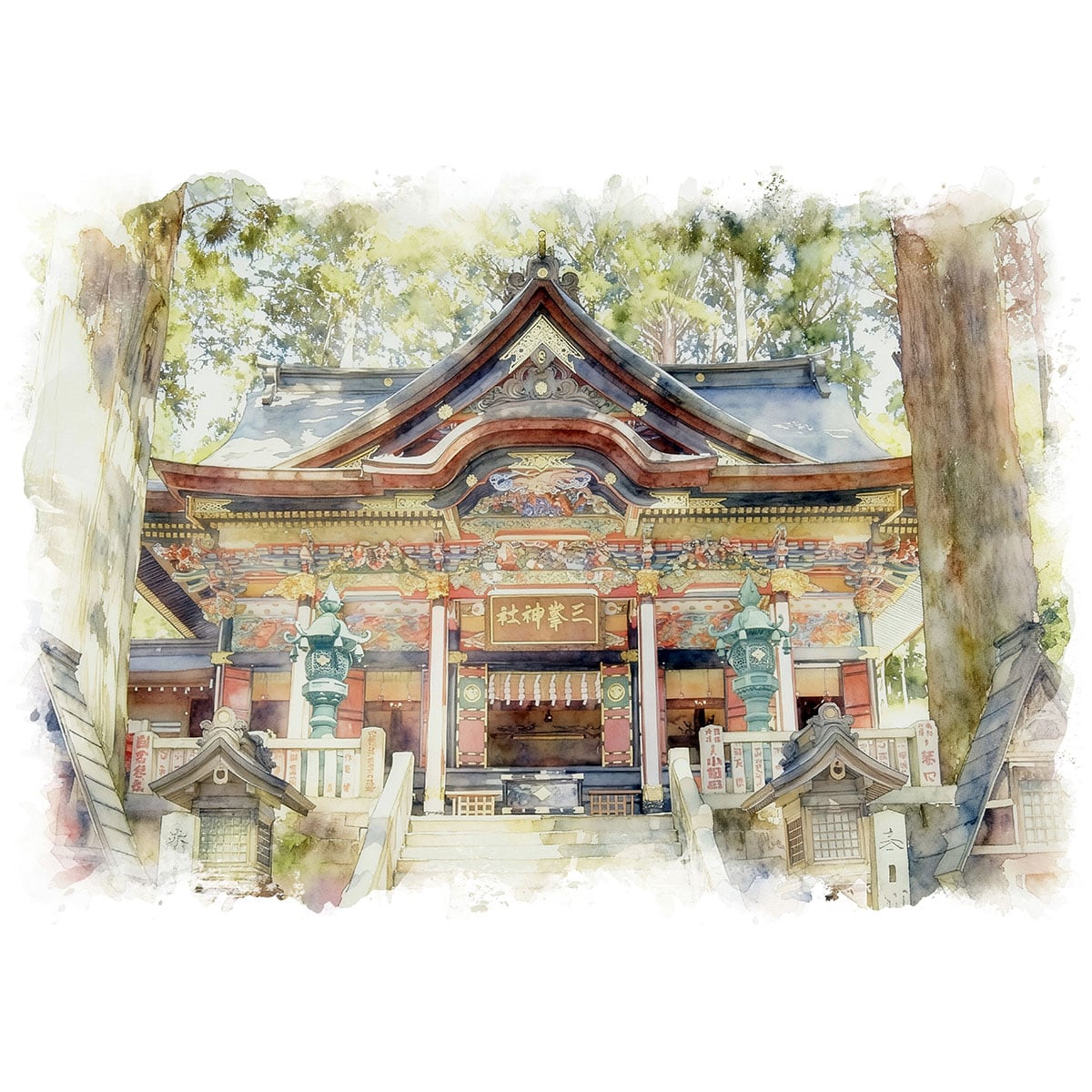 絵画 日本 埼玉県 三峯神社 風景画 インテリアアート額付き 水彩画