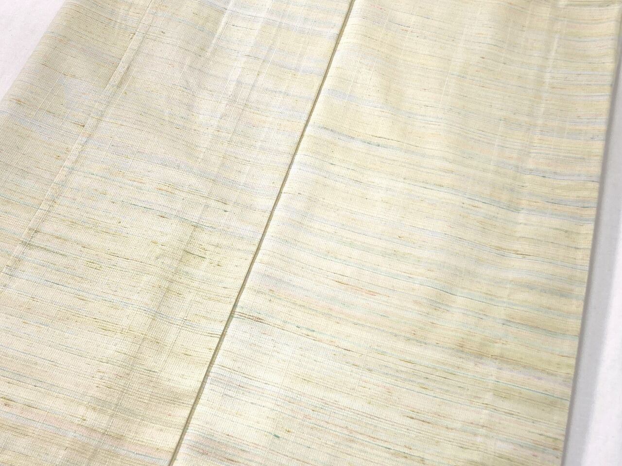 単衣】紅花紬 未使用 横縞 小紋 正絹 黄緑 青 ピンク 薄柳 1322