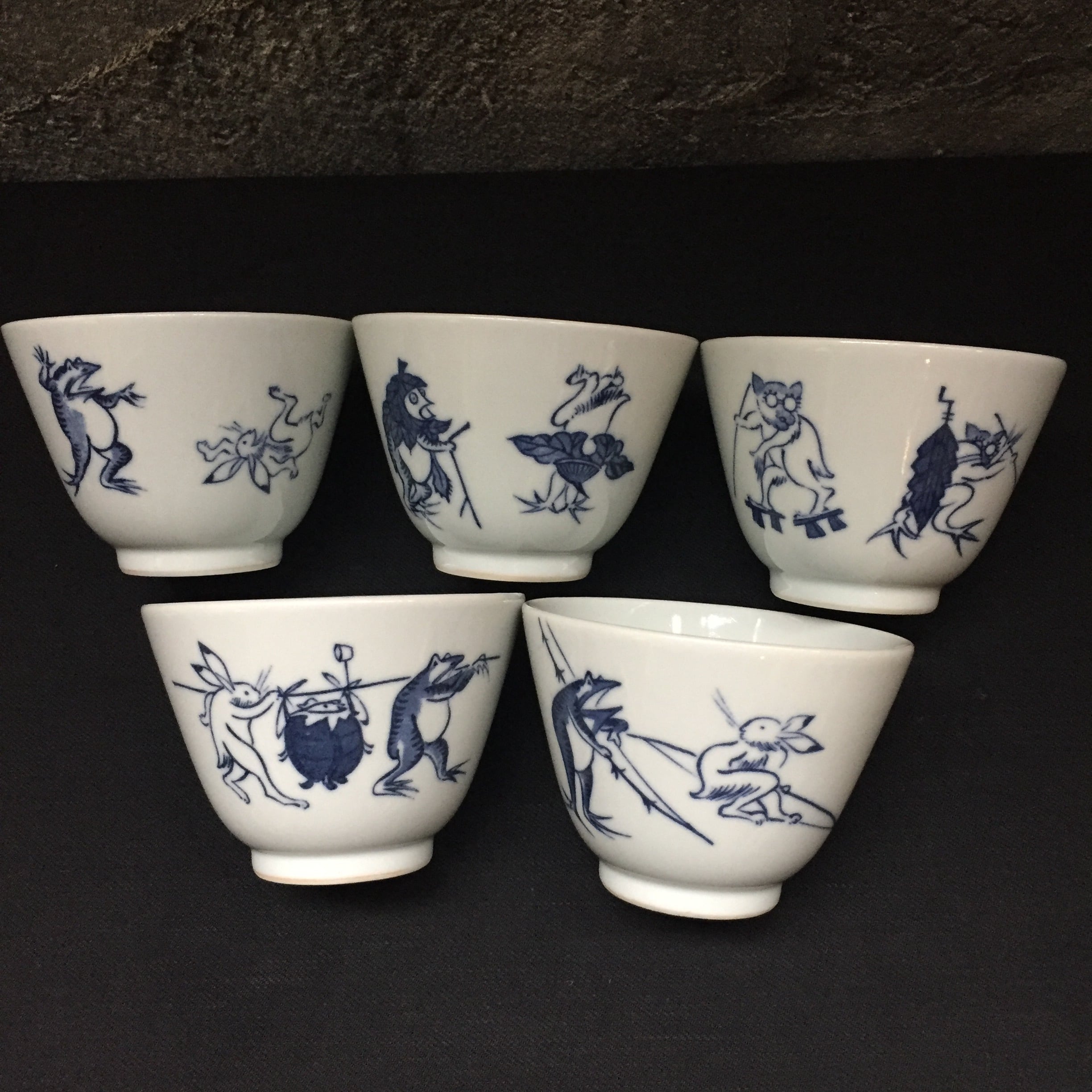 Japan Vintage 平安 吉兆 清水焼 高山寺 国宝絵巻 鳥獣戯画 湯呑 5pcs