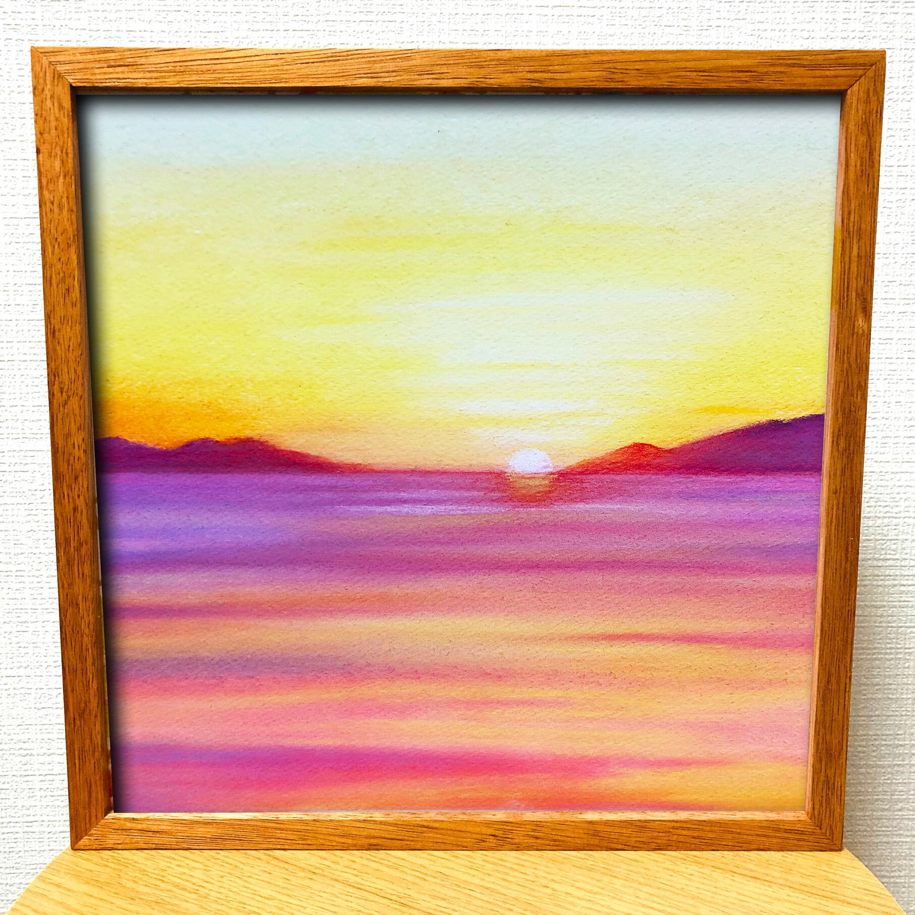 作品 : 夕陽に染まる海 絵 絵画 景色 風景 風景画 秋 秋空 縁起絵