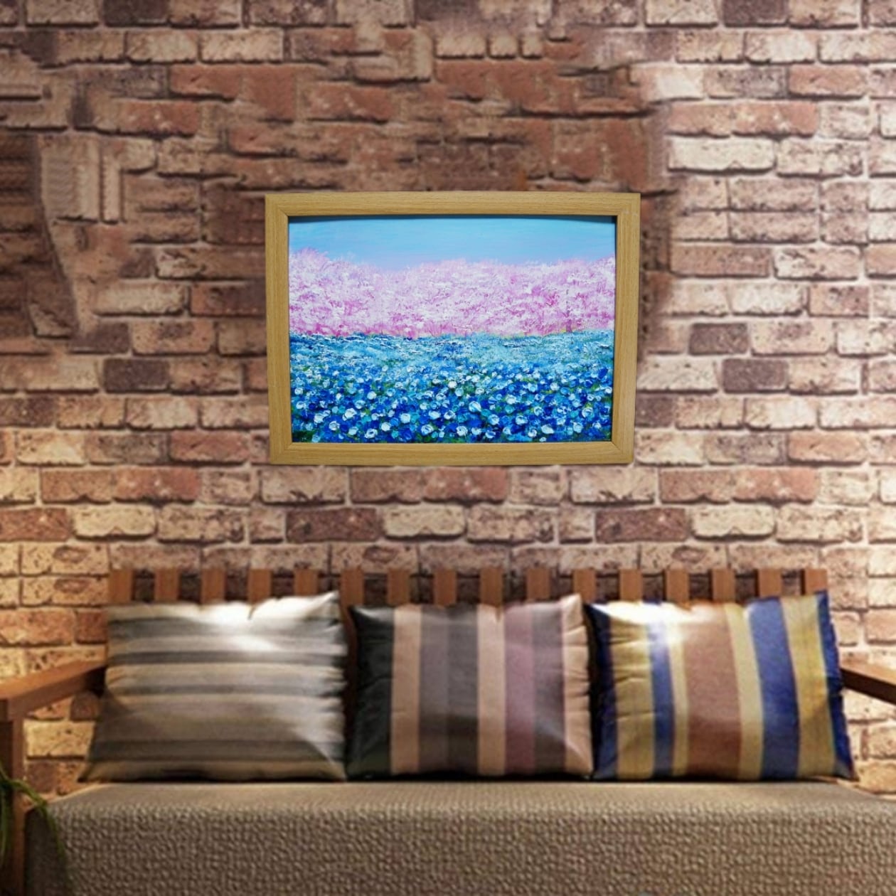 油絵 油彩 油彩画 絵画 絵【ネモフィラとサクラ】 | HIROSHI1990