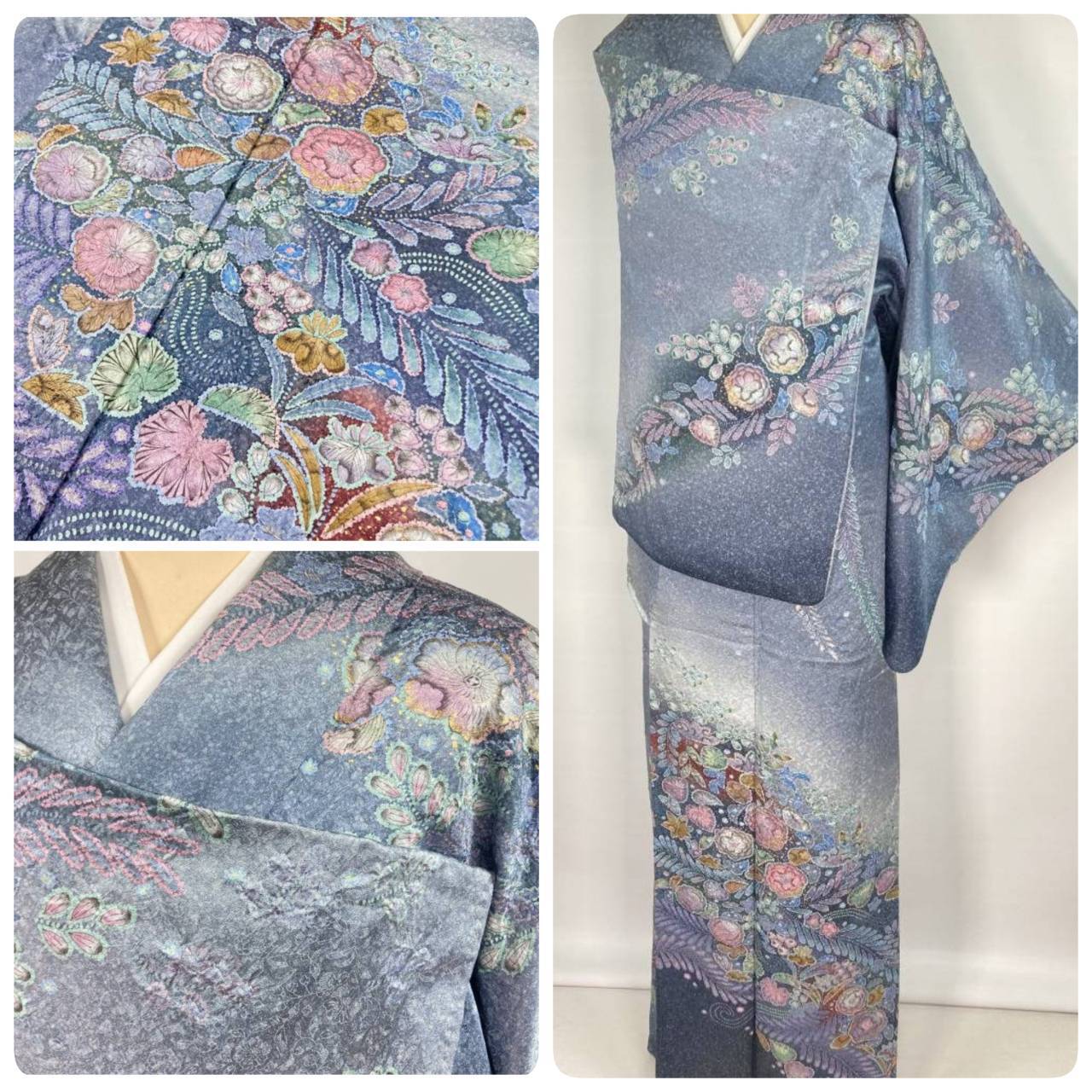辻が花 絞り 紋意匠 トールサイズ 金彩 訪問着 正絹 袷 青 ブルー 紫