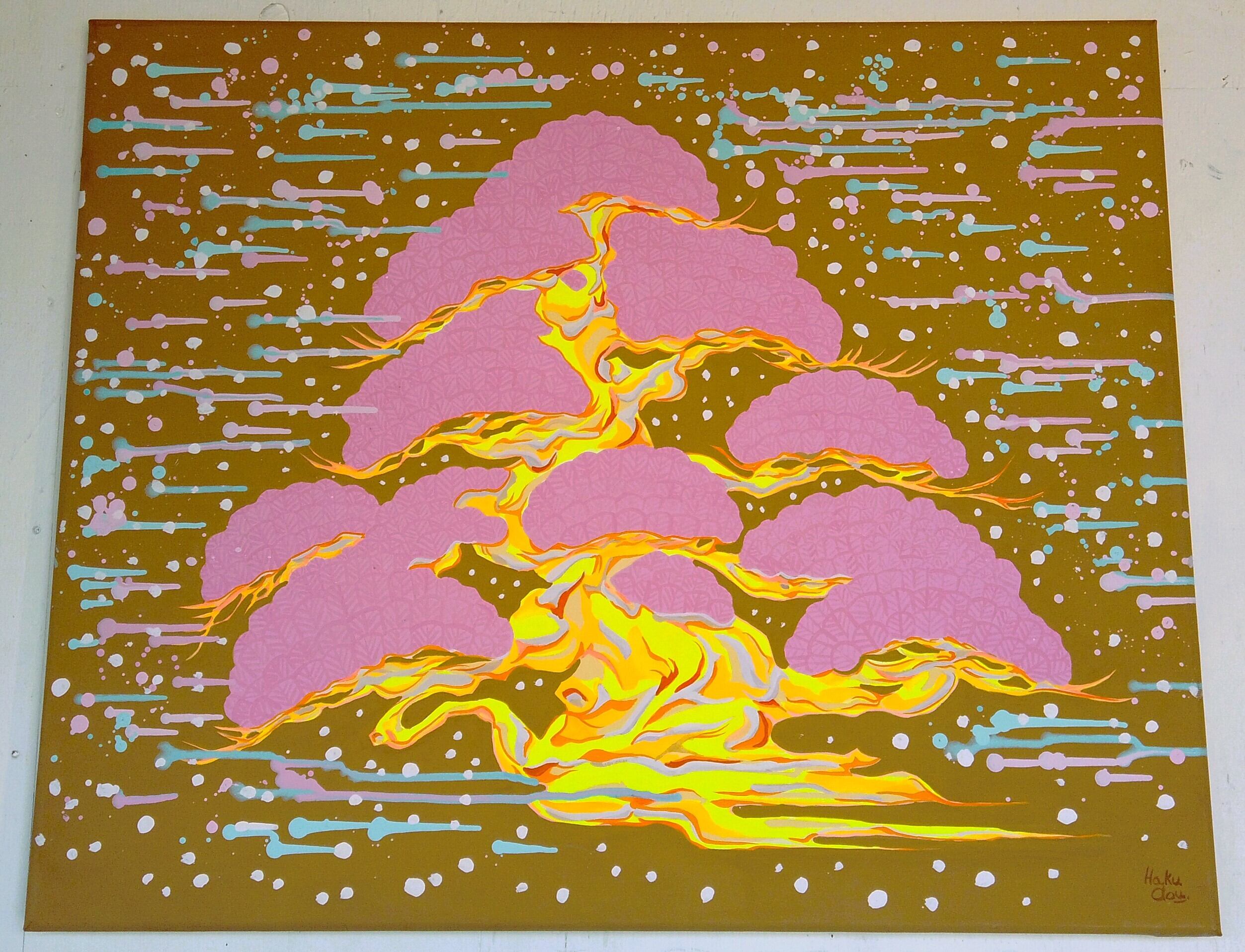 現代水墨画家 絵師白道 「Flying Bonsai （Pink）」直筆作品 証明書