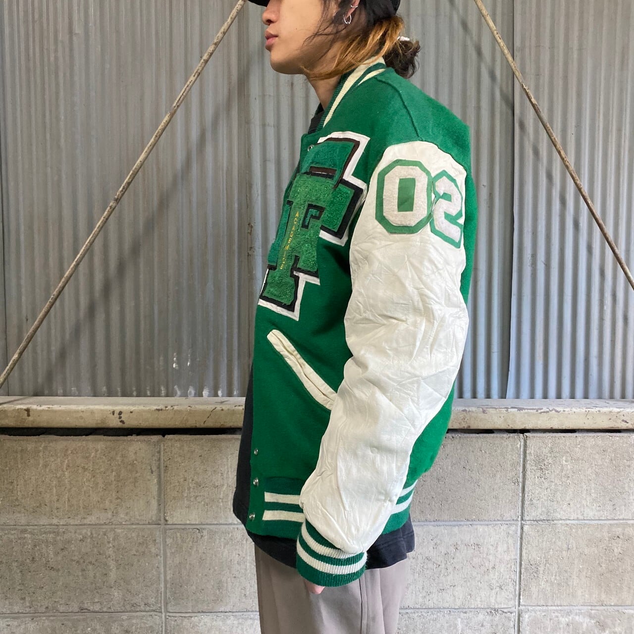 90S USA製 DeLONG デロング ワッペン付き 袖革 ウールスタジャン