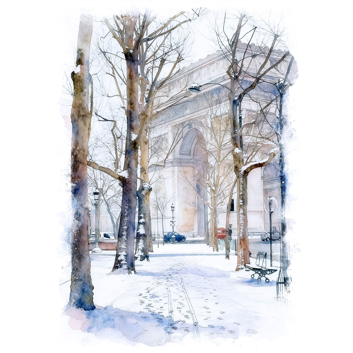 絵画 風景画(街並み) 冬 雪のフランス パリ 凱旋門 インテリアアート額