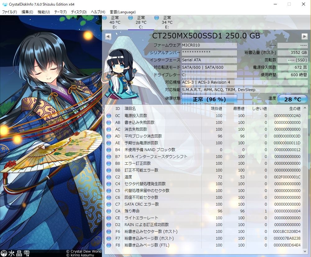 3か月で残寿命96％』 crucial MX500 CT250MX500SSD1 のクチコミ掲示板