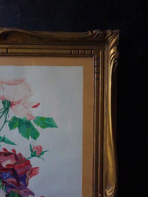 西洋アンティーク フランス 薔薇の絵 水彩・ガッシュ・サイン アート