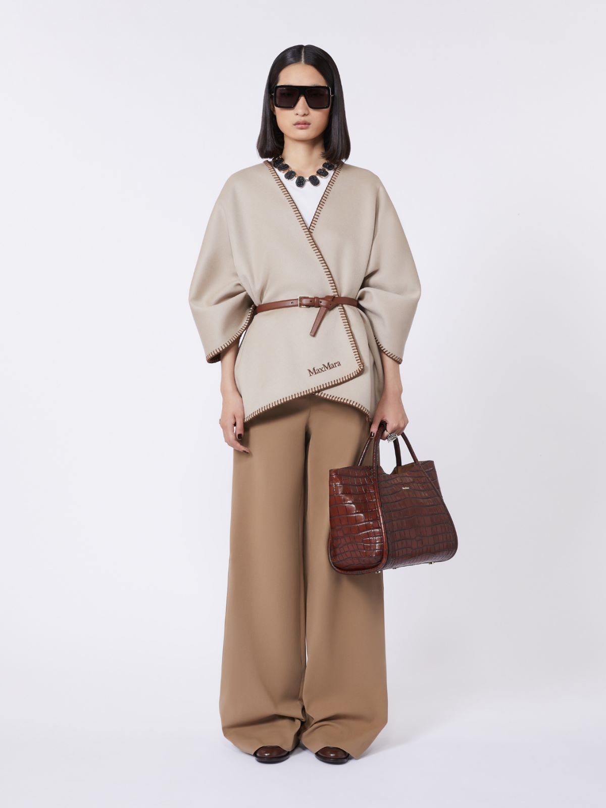 Small crocodile-print leather Marine bag, brown | Max Mara